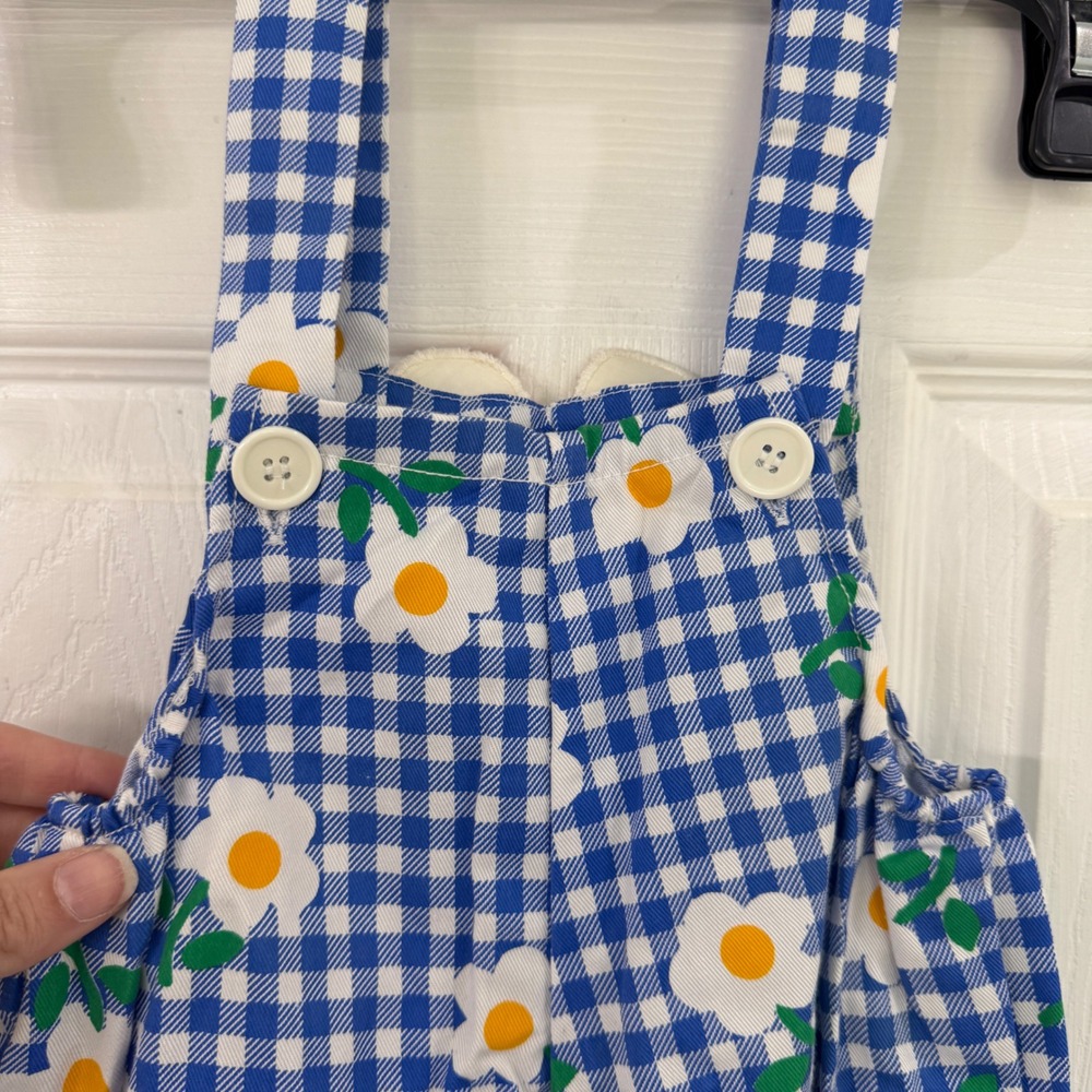 Vintage Baby Blue Gingham Daisy Overalls Sunflower Applique Romper 0-6 Months - Picture 5 of 8